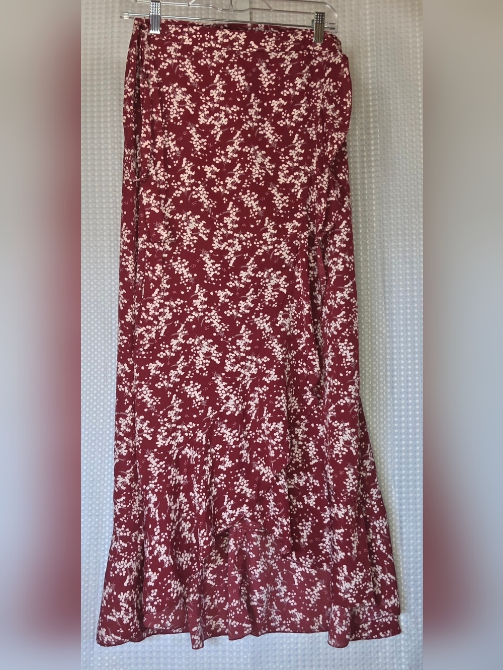 Boho Floral Wrap Skirt Burgundy Midi Ruffle Hem Festival Large - Picture 5 of 8